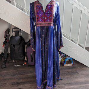 Vintage 70s Blue Floral Afghan Patchwork Maxi Dress